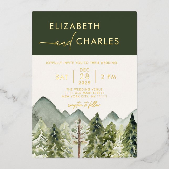 Rustic Mountains Trees Modern Elegant Wedding Foil Invitation (Front)