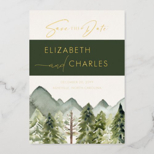 Rustic Mountains Trees Modern Save The Date Foil Invitation
