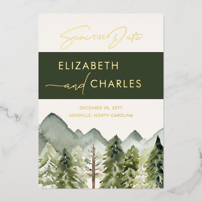 Rustic Mountains Trees Modern Save The Date Foil Invitation (Front)