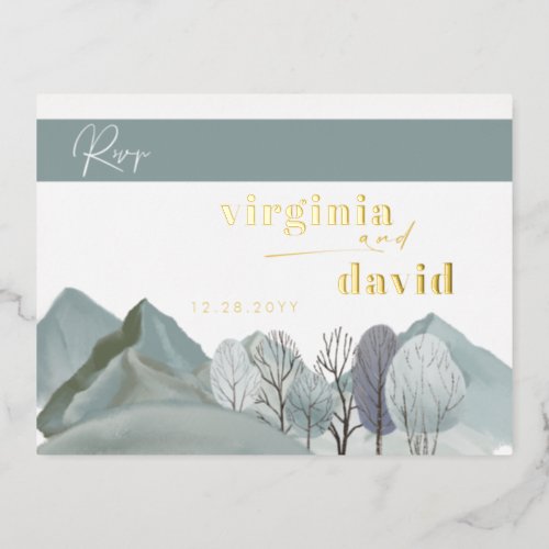 Rustic Mountains Trees Winter RSVP Foil Invitation Postcard
