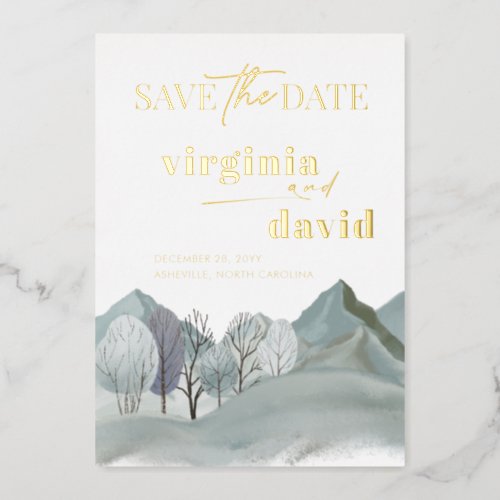 Rustic Mountains Trees Winter Save The Date Foil Invitation