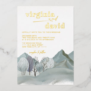 Rustic Mountains Trees Winter Wedding Foil Invitation