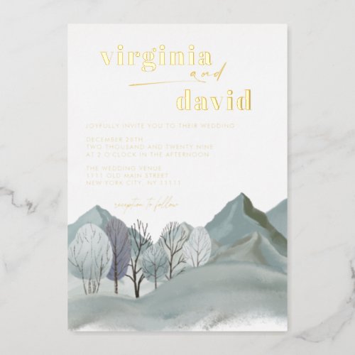 Rustic Mountains Trees Winter Wedding Foil Invitation