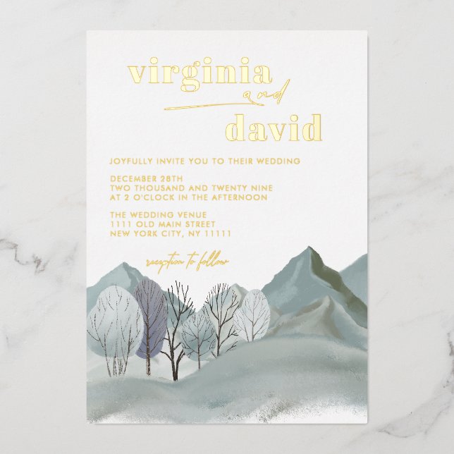 Rustic Mountains Trees Winter Wedding Foil Invitation (Front)