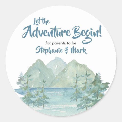 Rustic Mountains Watercolor Adventure Baby Shower  Classic Round Sticker
