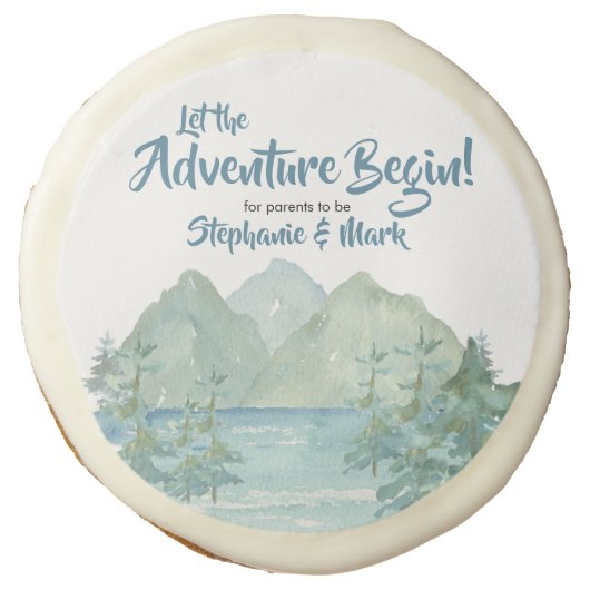 Rustic Mountains Watercolor Adventure Baby Shower Sugar Cookie (Front)