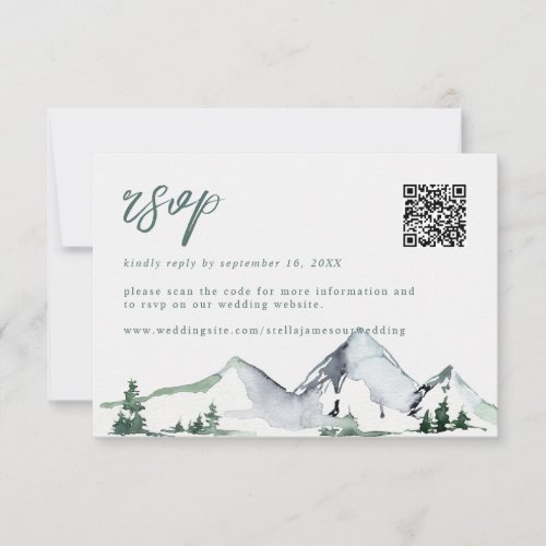 Rustic Mountains Watercolor Wedding QR Code RSVP Card