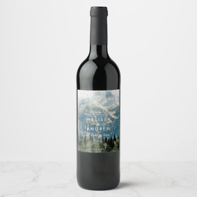 rustic mountains watercolour wedding wine bottle wine label (Front)