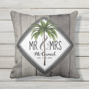 Rustic Mr And Mrs Grey Monogram Palm Tree Newlywed Outdoor Pillow