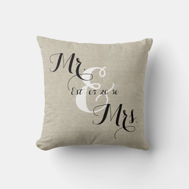 Rustic Mr and Mrs Linen Custom Wedding Throw Pillow (Front)