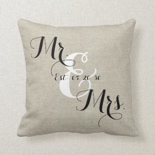 Rustic Mr and Mrs Linen Custom Wedding Throw Pillow