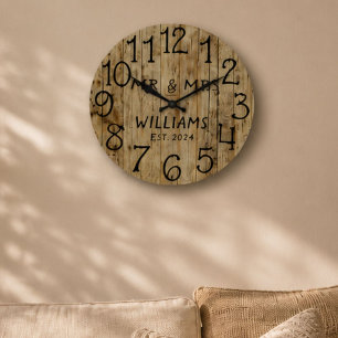 Rustic Mr and Mrs Wood Wedding Anniversary Large Clock