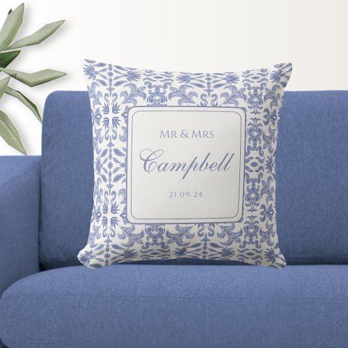 Rustic Mr  Mrs Dusty Blue and White Patterned Throw Pillow