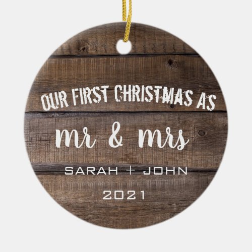 Rustic Mr  Mrs First Married Christmas Photo  Ceramic Ornament