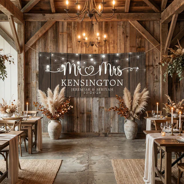 Rustic Mr Mrs Heart Script Lights Wood Wedding Banner | Zazzle