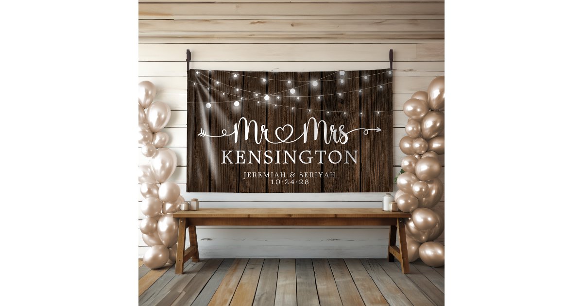 Rustic Mr Mrs Heart String Lights Wood Wedding Banner | Zazzle
