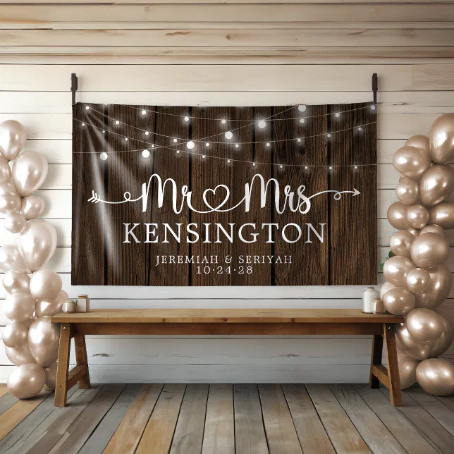 Rustic Mr Mrs Heart String Lights Wood Wedding Banner | Zazzle
