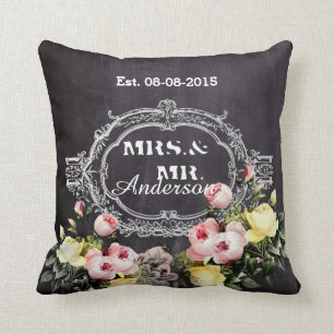 rustic mr. mrs vintage flowers Chalkboard wedding Throw Pillow