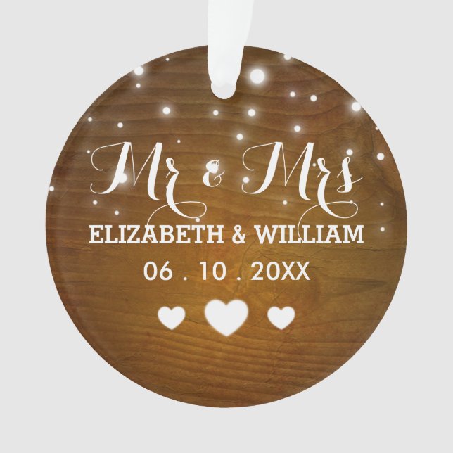 Rustic Mr & Mrs Wedding Hearts Christmas Ornament (Front)