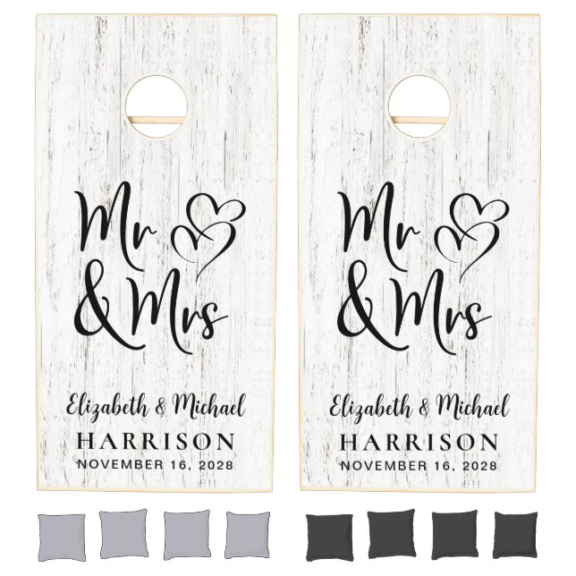Rustic Mr Mrs Wedding White Barn Wood Cornhole Set (Set)