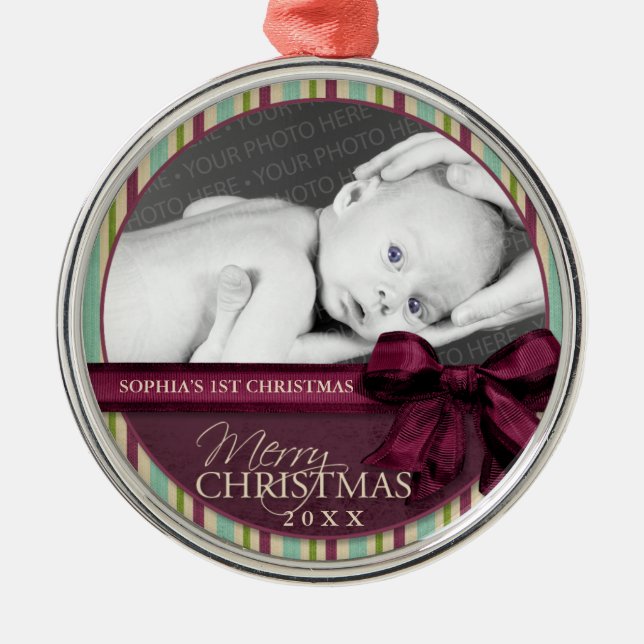 Rustic Multi-Color Stripes Photo Metal Ornament (Front)