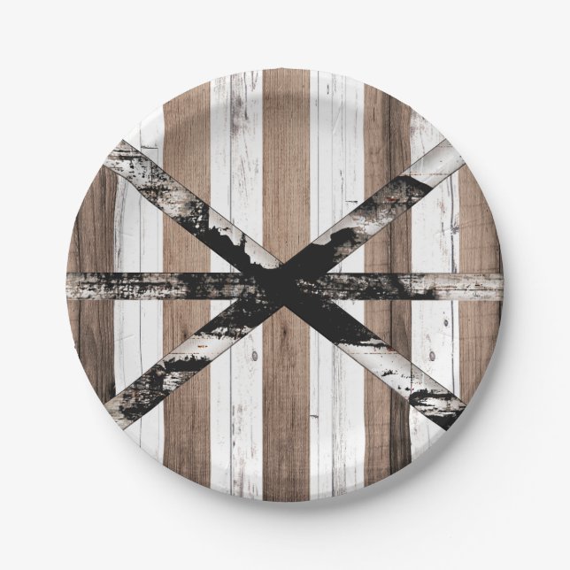 Rustic Multi Wood White & Brown Barn Door Paper Plates (Front)