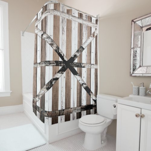 Rustic Multi Wood White  Brown Barn Door Shower Curtain