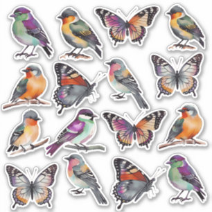 Rustic Multicolor Watercolor Birds and Butterflies Sticker