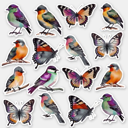 Rustic Multicolor Watercolor Birds and Butterflies Sticker