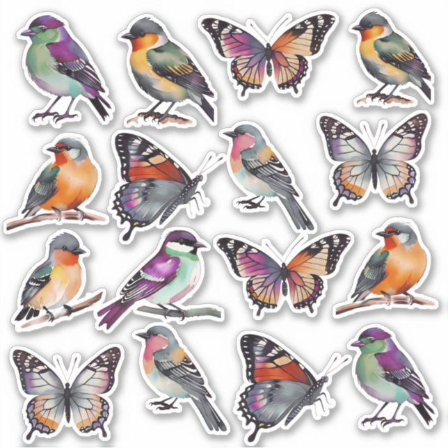Rustic Multicolor Watercolor Birds and Butterflies Sticker (Front)