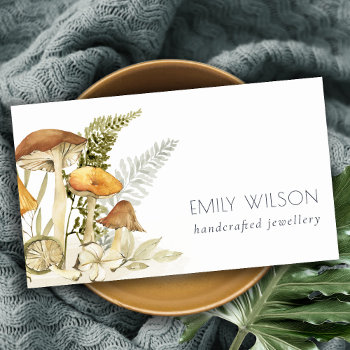 Rustic Mushroom Fern Foliage Watercolor Autumn Business Card by JustJewelryDisplay at Zazzle
