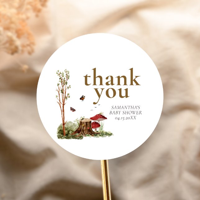 Rustic Mushroom Woodland Baby Shower Classic Round Sticker (Mushroom Rustic Woodland Baby Shower Sticker)