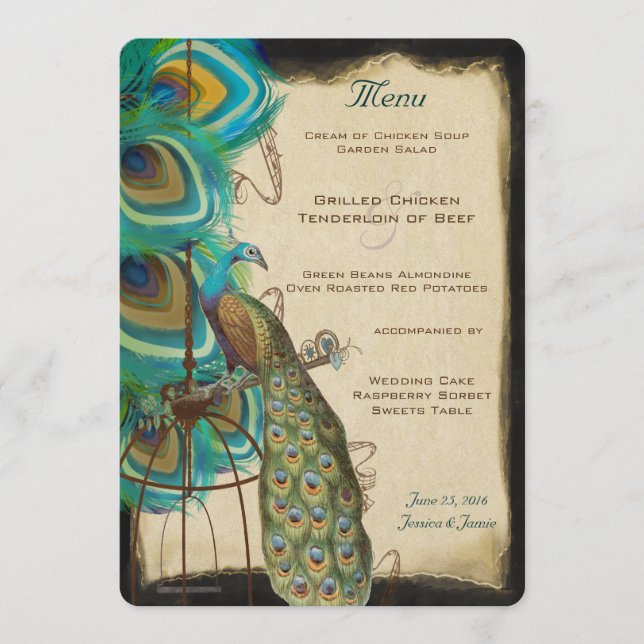 Rustic Musical Peacock Birdcage Romantic Feather Menu (Front)
