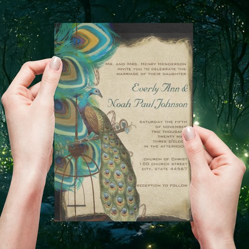 Rustic Musical Peacock Birdcage Feather Wedding Personalized Invites