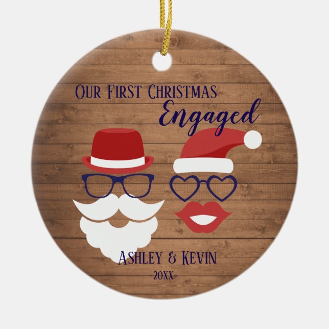 Rustic Mustache Lips funny 1st Engaged Christmas Ceramic Ornament (Front)