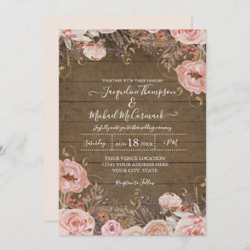 Rustic Muted Blush Pink Watercolor Floral Rose Invitation