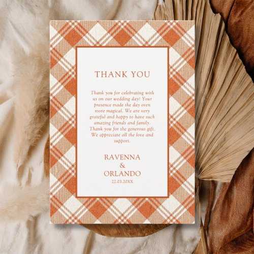 Rustic Muted Orange Plaid Gingham Thank You Card
