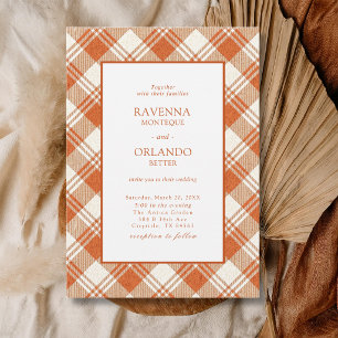 Rustic Muted Orange Plaid Gingham Wedding Invitation