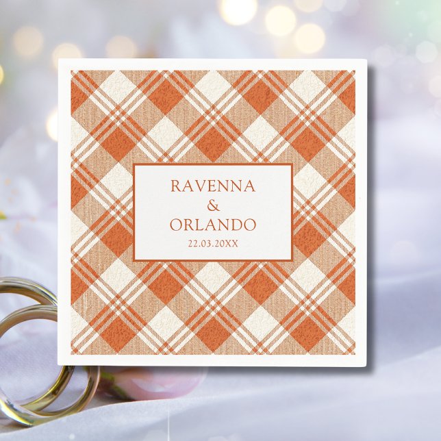Rustic Muted Orange Plaid Gingham Wedding Napkins (Creator Uploaded)