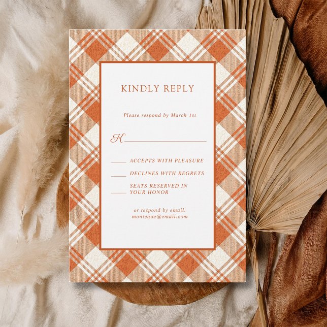 Rustic Muted Orange Plaid Gingham Wedding RSVP Card (Creator Uploaded)