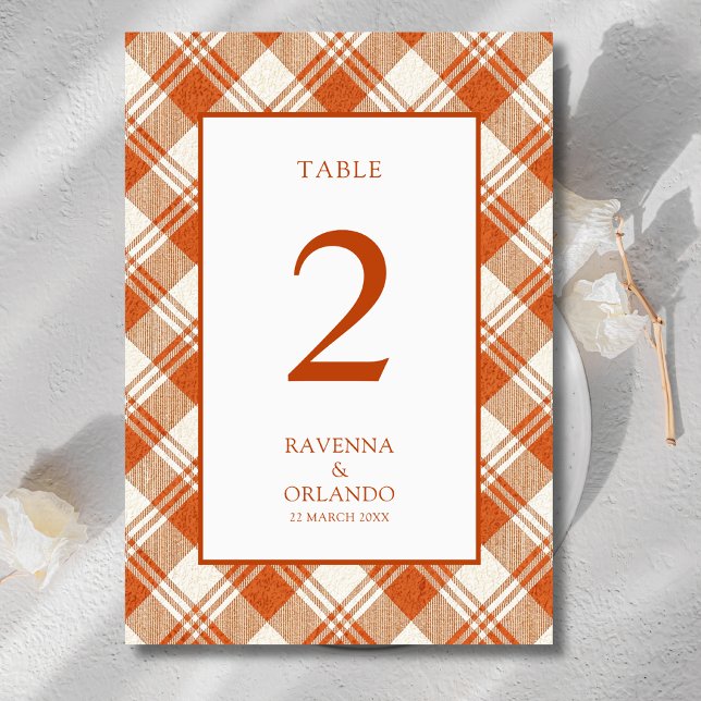 Rustic Muted Orange Plaid Gingham Wedding Table Number (Creator Uploaded)