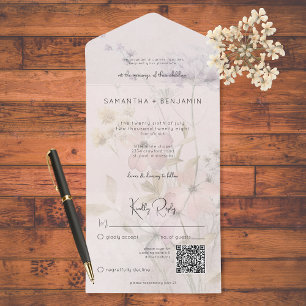 Rustic Muted Wildflowers on Blush Pink QR Code All In One Invitation