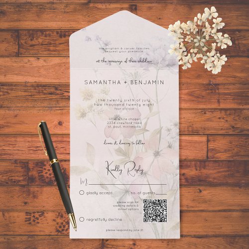 Rustic Muted Wildflowers on Blush Pink QR Code  All In One Invitation