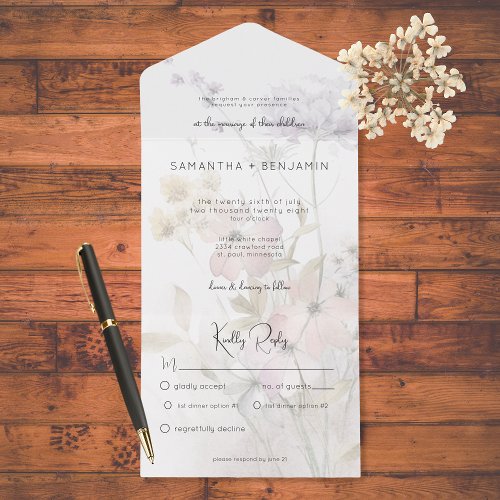 Rustic Muted Wildflowers on White Dinner  All In One Invitation