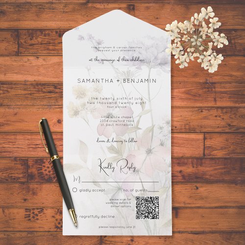 Rustic Muted Wildflowers on White QR Code  All In One Invitation