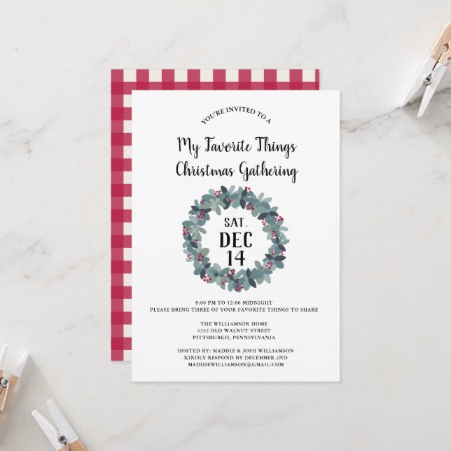 Rustic My Favorite Things Christmas Party  Invitation (Front/Back In Situ)