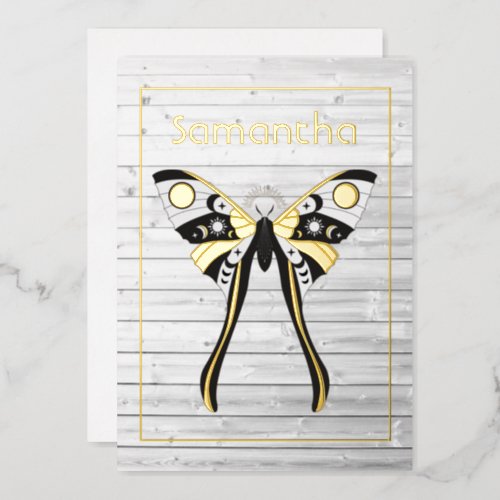 Rustic Mystical Celestial Gold and Silver Moth Foil Invitation