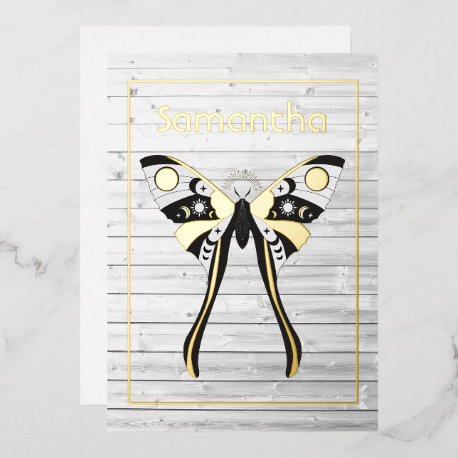 Rustic Mystical Celestial Gold and Silver Moth Foil Invitation (Front/Back)
