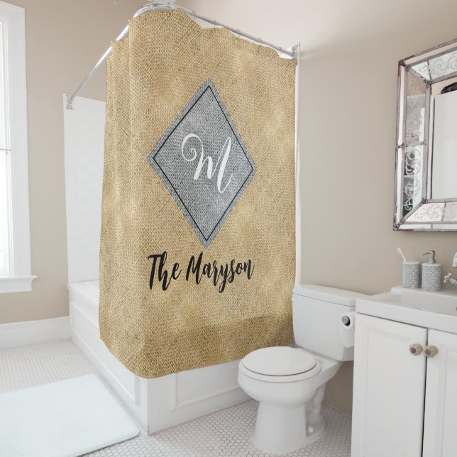 Rustic Name Initial, Personalized Monogram Burlap Shower Curtain (In Situ)