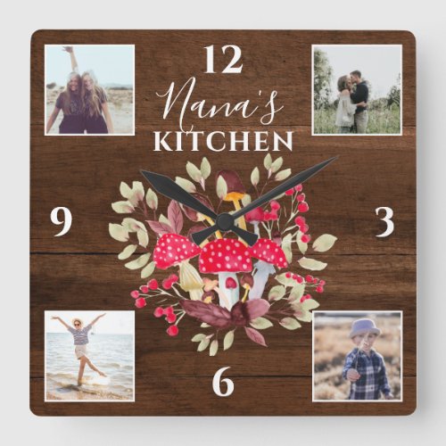 Rustic Nana kitchen script 4 photo collage wood Square Wall Clock